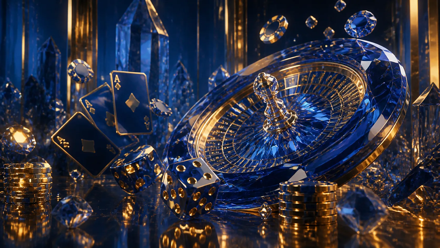 Glowing neon dice and roulette wheel in vibrant cyberpunk casino setting, emphasizing luxury and excitement.