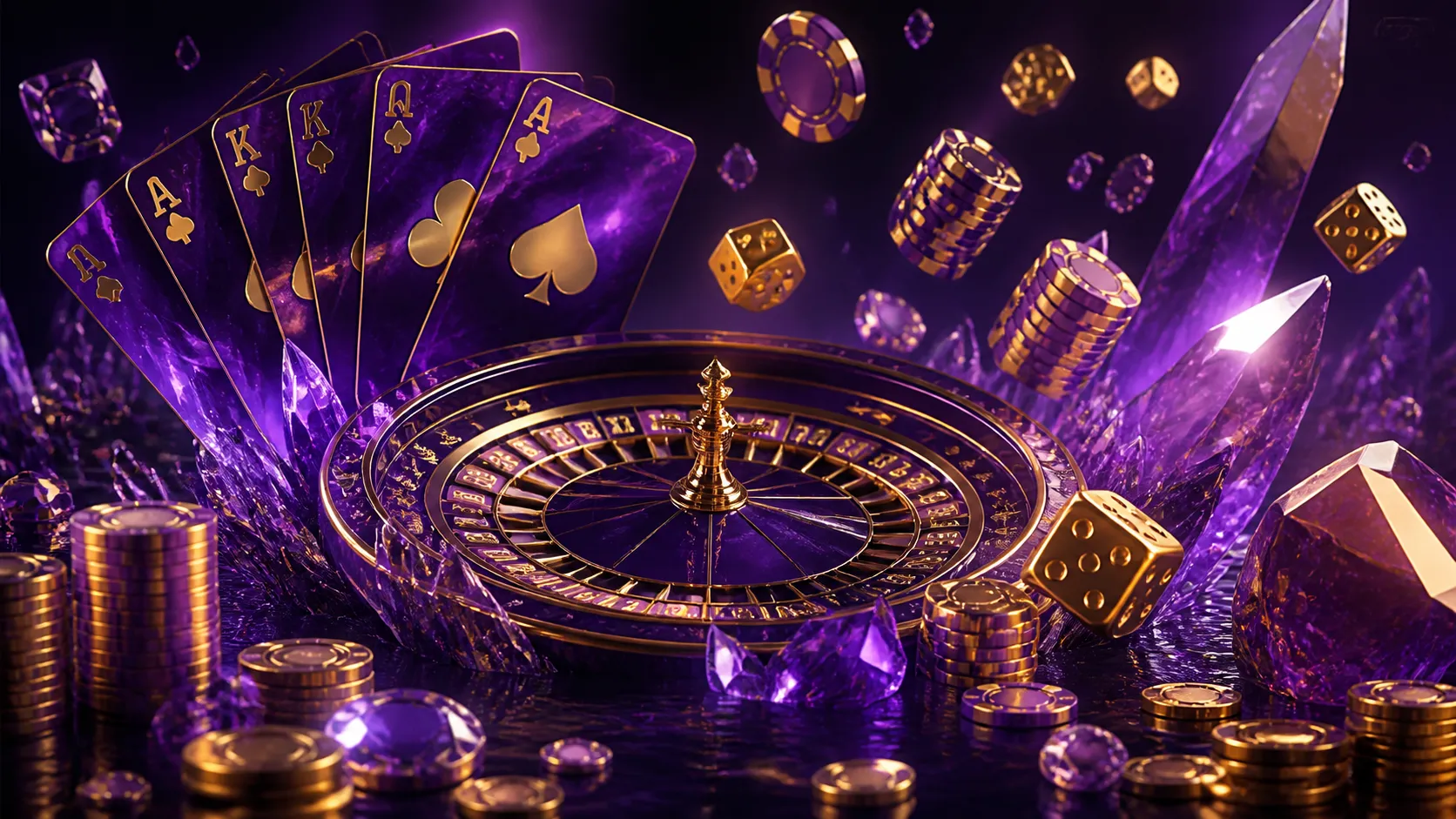 Glossy 3D render of luxury casino items with crystal poker chips and glowing gold dice, creating a premium atmosphere.